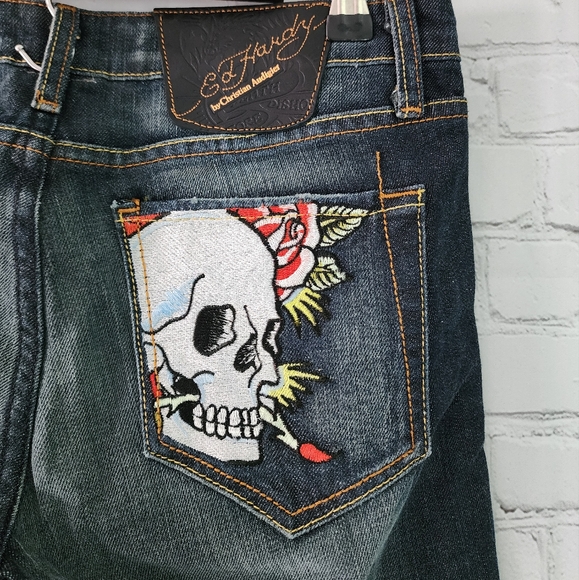 Ed Hardy by Christian Audigier Scull Pocket Lo Rise Straight Leg Jeans - Picture 4 of 6